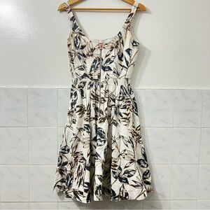 J Crew 0 Foil Leaf Zip Front 100% Linen Boho Chic Tropical Beachy A-Line Dress